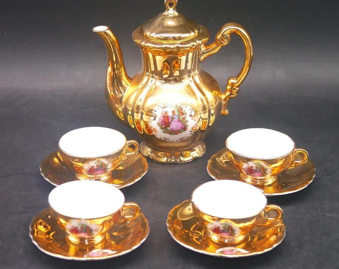 Vintage Genex Versailles Gold Lusterware Espresso Set: Fragonard Courting Couples