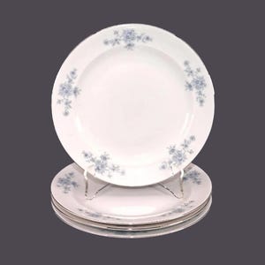 May include: A set of white porcelain plates with a delicate blue floral pattern around the rim. The plates have a gold trim and are stacked on a clear display stand. The plates are a classic dinnerware set.