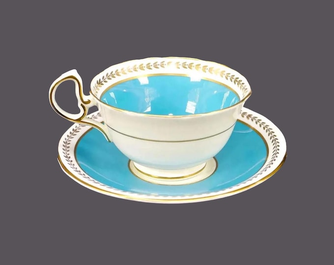 John Aynsley C186i hand-decorated wide-mouth tea set. Portland blue, gold laurels. Bone china made in England.