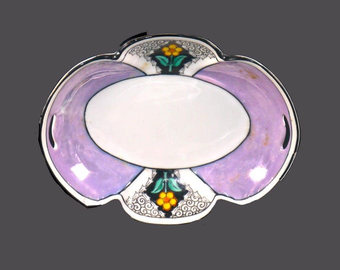 Morimura | Noritake | hand-painted Nippon nut or candy dish. Yellow flowers, scrolls, lavender luster, black edge made in Japan