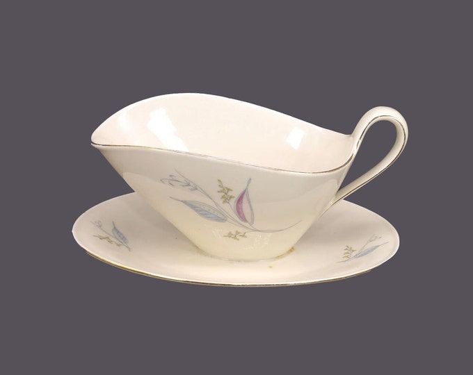 Mitterteich gravy boat with attached under-plate. Pink and gray leaves, smooth gold trim. Made in Bavaria. Flaws (see below).