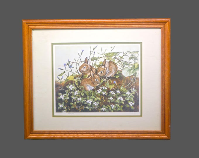 Vintage Joyce Bridgett bunnies in woodland signed, numbered, framed print. 1989.