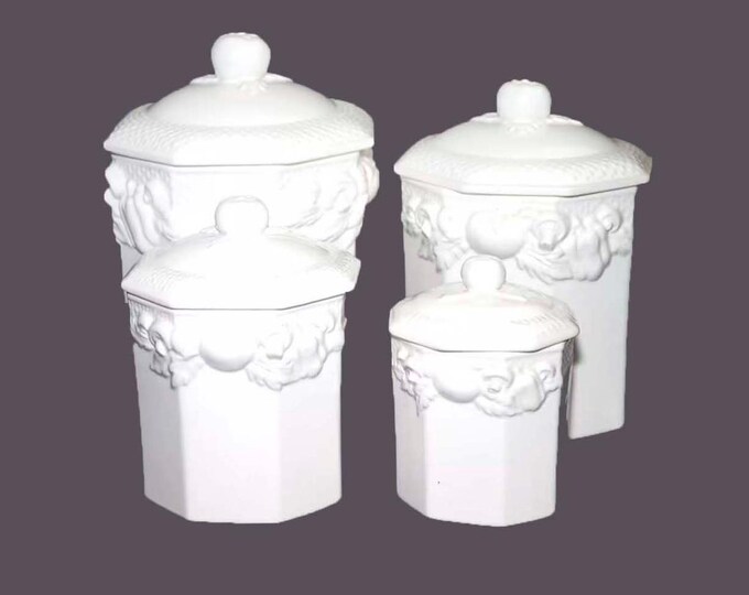 Four Himark Harvest Weave all-white canisters. High-relief vegetables. Made in Japan.