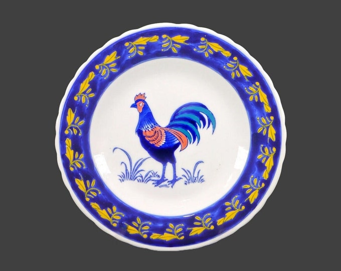 Hand-painted display or cabinet plate. Central rooster, gold, red leaves. Brittany Quimper style. Attributed Portugal 1960s.