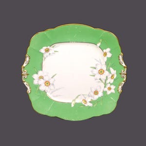 Royal Paragon | Paragon Bone China A539S handled cake serving plate made in England. Green, white flowers, embossed gold.