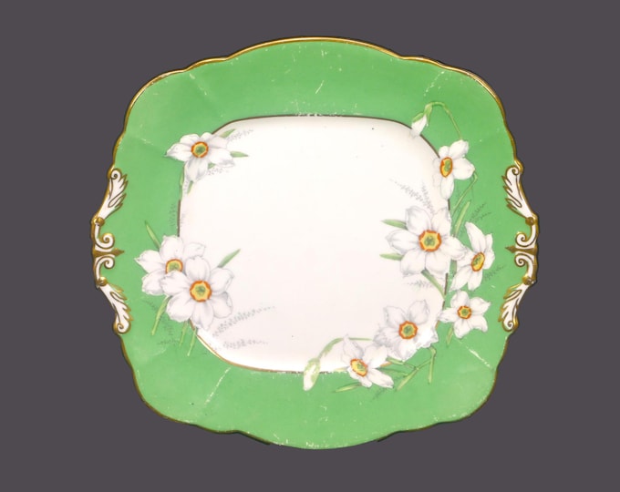 Royal Paragon | Paragon Bone China A539S handled cake serving plate made in England. Green, white flowers, embossed gold.