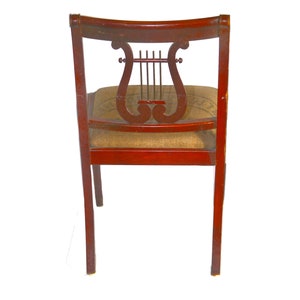 MCM solid wood Lyre Back, Harp Back, Duncan Phyfe Dining Chair attributed Bissman. Authentic French grain sack seating. Sold individually. image 2