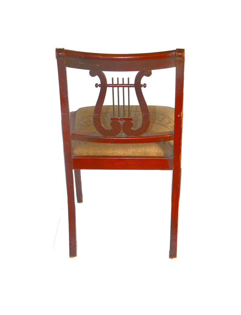 MCM solid wood Lyre Back, Harp Back, Duncan Phyfe Dining Chair attributed Bissman. Authentic French grain sack seating. Sold individually. image 2