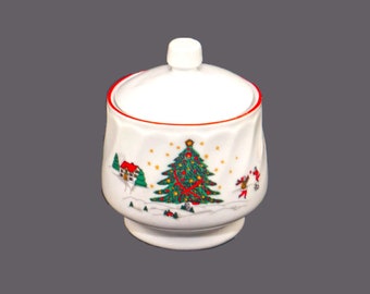 Vintage Kopin Christmas Pleasure covered sugar bowl with red trim. Flaws.
