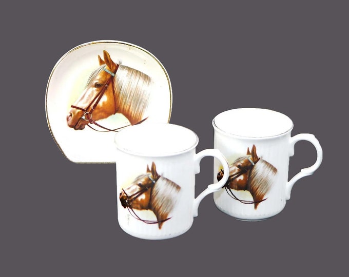 Equestrian tea trio of two Sadler tea mugs and one JH Weatherby WEA11 square trinket dish. All pieces made in England.