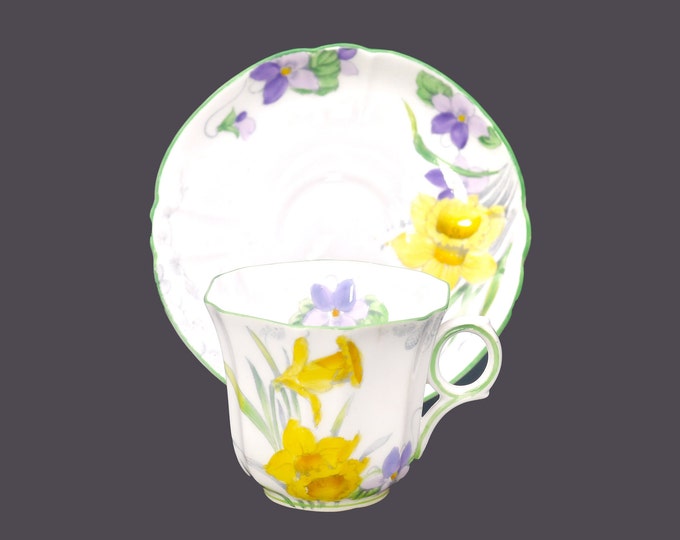 Art-deco era Melba Bone China Spring hand-decorated cup and saucer set. Daffodils and spring florals made in England. Flaw (see below).