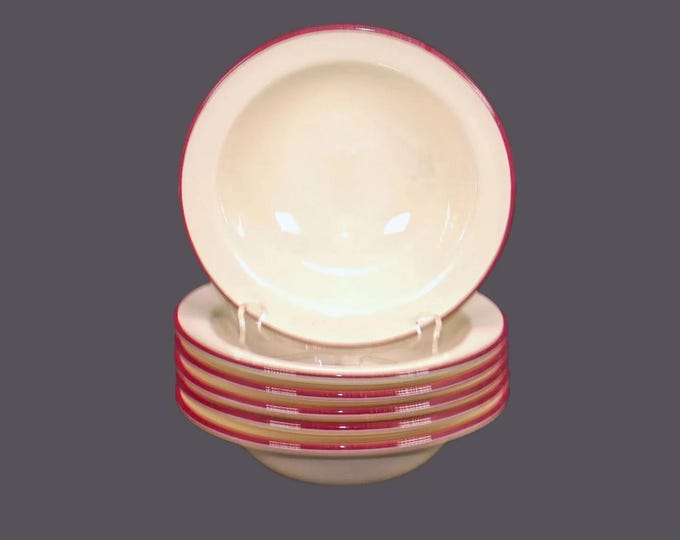 Six Steelite rimmed fruit nappies, dessert bowls with burgundy trim. Vintage hotelware made in England. Coordinates with SLE26.
