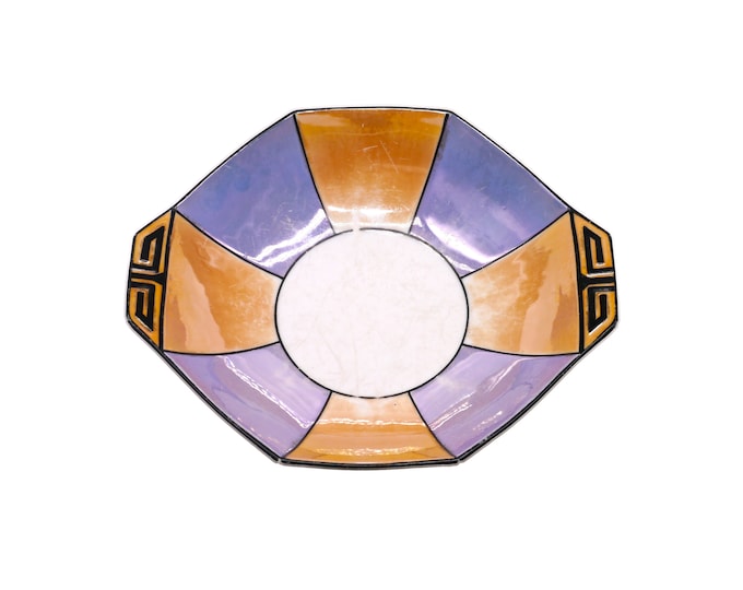 Morimura | Noritake hand-painted Nippon lusterware serving bowl. Orange, purple panels, octagonal shape.