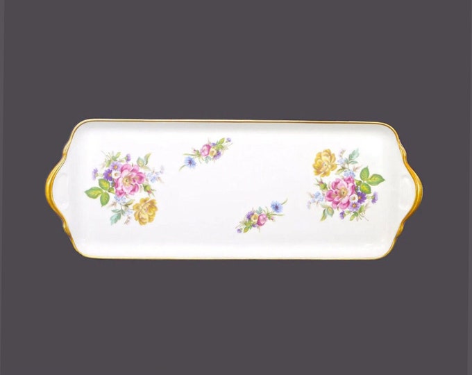 Tharaud Limoges lugged sandwich, bread, pastry platter or vanity tray. Multicolor flowers, gold trim. Made in France.