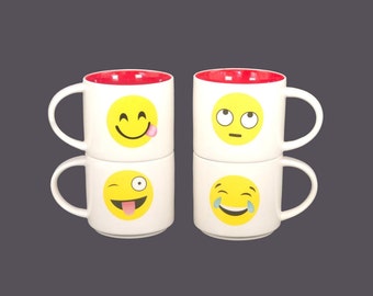 Vintage Emoji Stackable Coffee Mugs: Set of 4, Red Inner Bowls