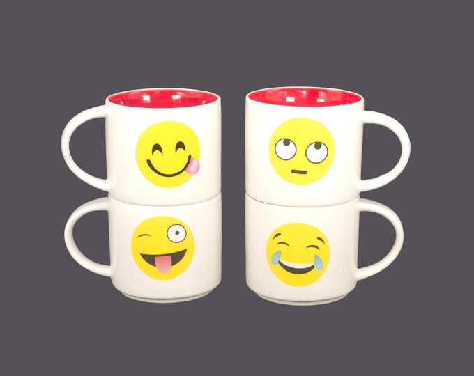 Four Emoji stackable coffee or tea mugs. Yellow face various expressions. Early internet nerd gift.