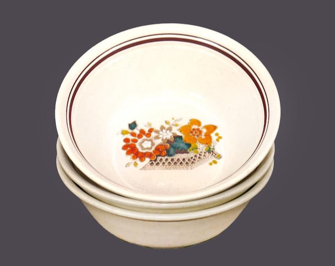 Three Royal Doulton Paradise Garden LS1041 coupe stoneware cereal bowls made in England.