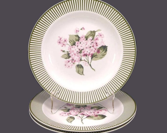 Three Martha Stewart Hydrangea stoneware salad plates. Green striped rims.