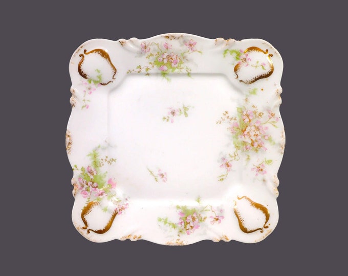 Antique Theodore Haviland Limoges Schleiger 67L square serving plate. Pink art-nouveau floral sprays embossed gold.