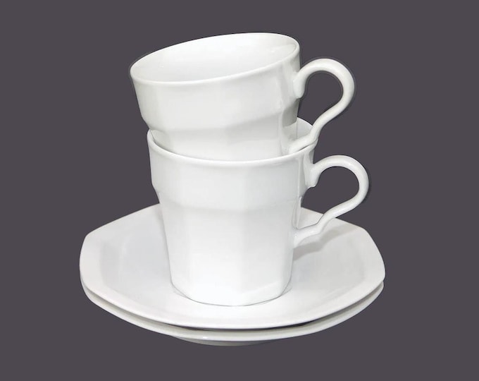 Pair of Christopher Stuart Maison Blanche Y0008 all-white cup and saucer sets.