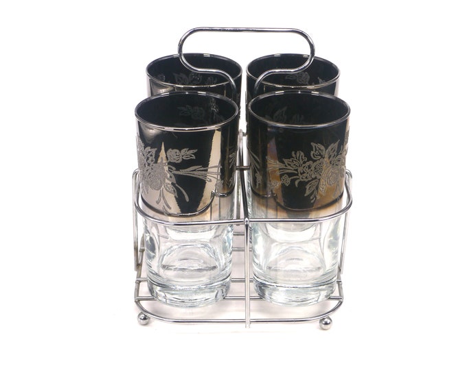 Four Sidney Sigety Vitreon Queen's Luster Silver Ombre Platinum roses high ball glasses with metal caddy. MCM bar.