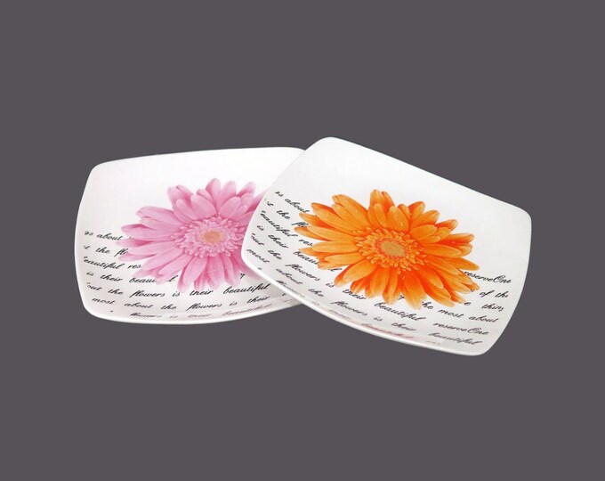 Pair of Gryphonware square salad or snack plates. Large pink and orange flowers, scripted text in black.