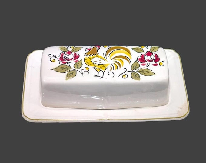 Mikasa Heritage covered stoneware butter dish. Rooster, florals made in Japan. Flaw.