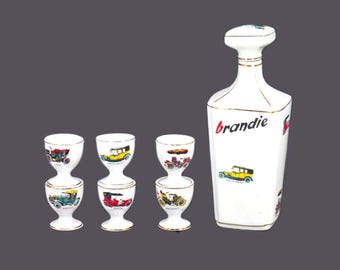 Alfal Alcobaca Portugal brandy decanter set featuring antique cars.