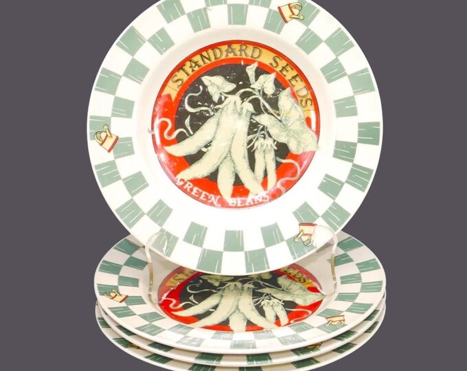 Four Tienshan Farmer's Market stoneware salad plates. Green beans, Standard Seeds. Pattern wear (see below).