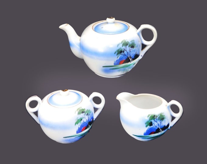 Hand-painted Nippon two-cup teapot, creamer, covered sugar bowl. Japan seascape. Flaws (see below).