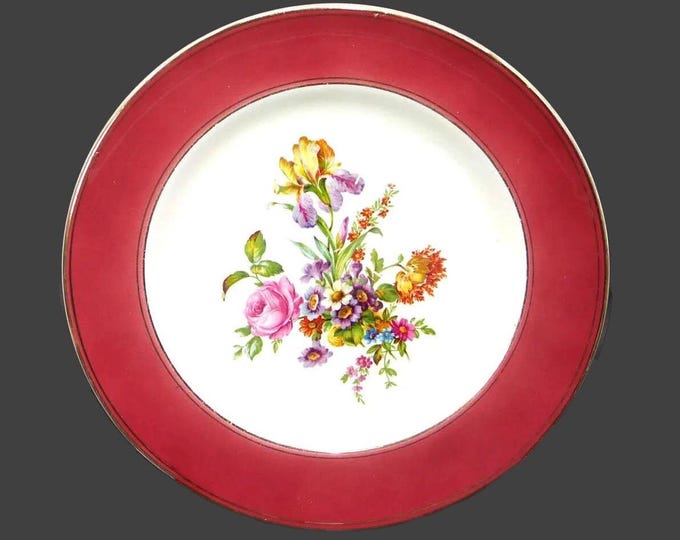 Royal Winton Grimwades hand-decorated dinner plate made in England. Maroon roses floral center.