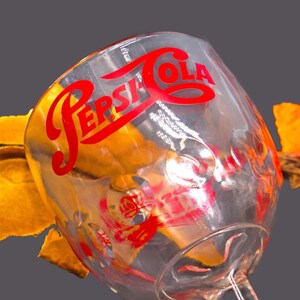 Pepsi | Pepsi Cola original thumbprint stemmed float glass. Etched-glass branding.