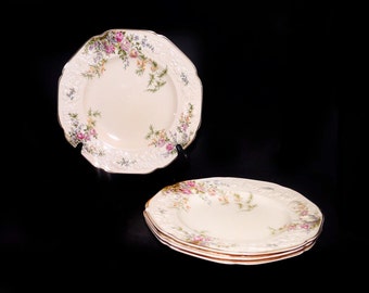 Four Crown Ducal Rosalie dinner plates. Florentine shape, made in England. Flaws (see below)