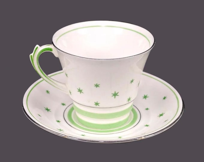 Art-deco era Roslyn Stella Green 7335 hand-decorated, bone china cup and saucer set made in England. Green stars. Flaws (see below).