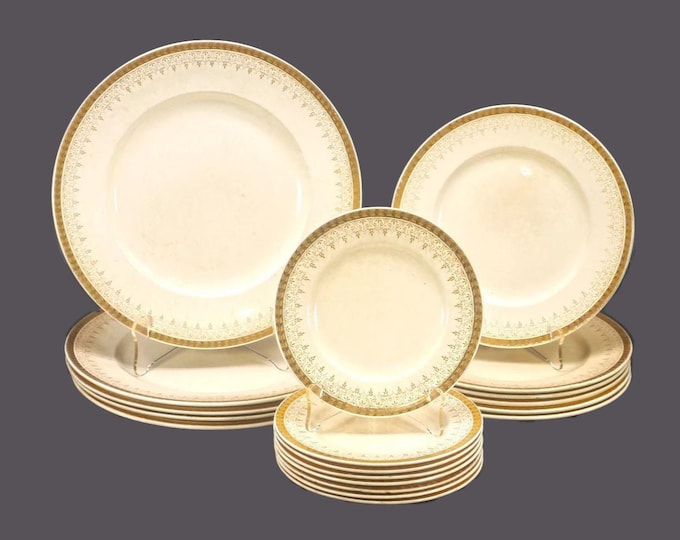 Burgess & Leigh 6426 Nelson Gold partial dinnerware set of nineteen plates. Burleigh Ware Ironstone made in England. Encrusted gold.