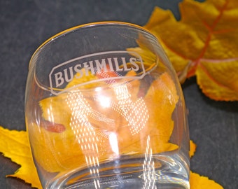 Bushmills Irish Whisky old-fashioned, on-the-rocks, whisky glass. Etched-glass branding.