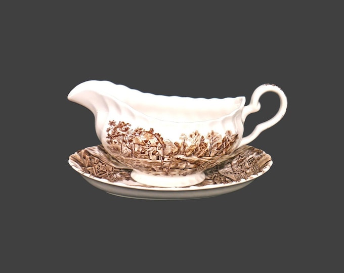 Johnson Brothers Cotswold Brown transferware gravy boat with under-plate made in England.