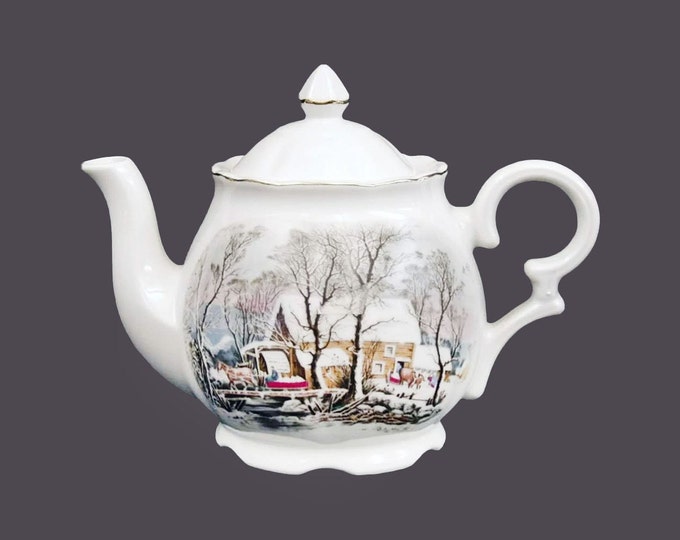 Avon Currier & Ives Christmas teapot, creamer or covered sugar bowl made in Japan.