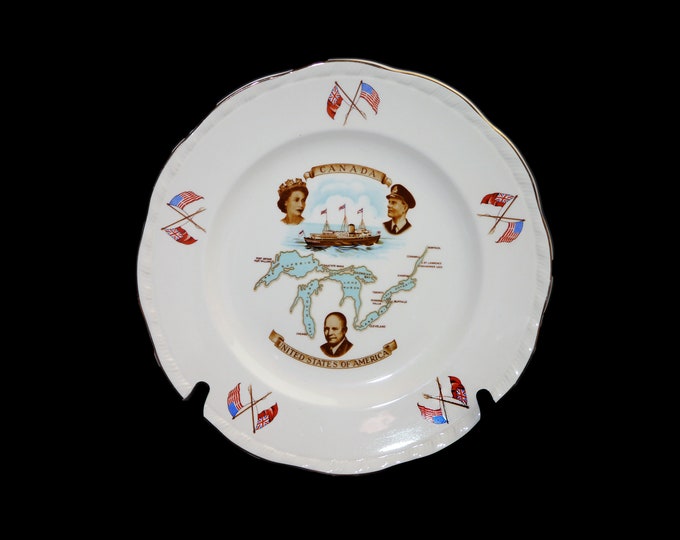 Mid century Alfred Meakin Queen Elizabeth Prince Phillip St. Lawrence Seaway Opening Commemorative plate made in England. Flaw (see below).