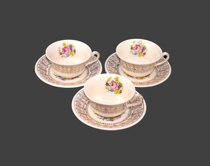 Three Fondeville Athlone cup and saucer sets. Ambassador Ware ironstone made in England. Florals and filigree.