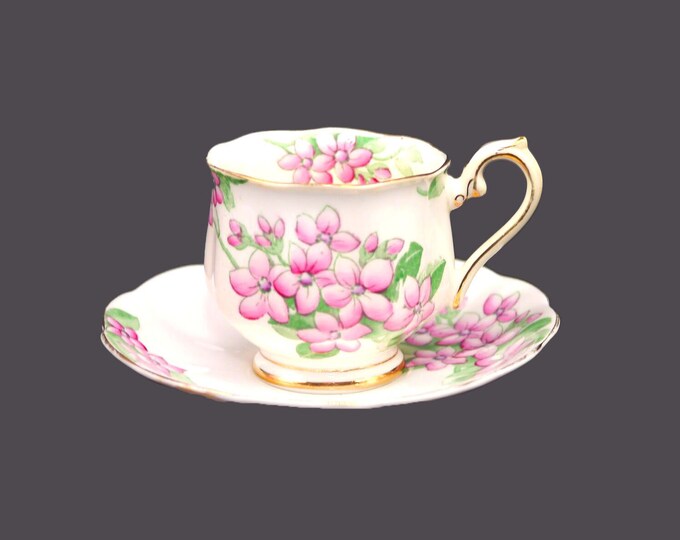 Almost antique Royal Albert Crown China 1569 pink periwinkles cup and saucer set. Bone china made in England.
