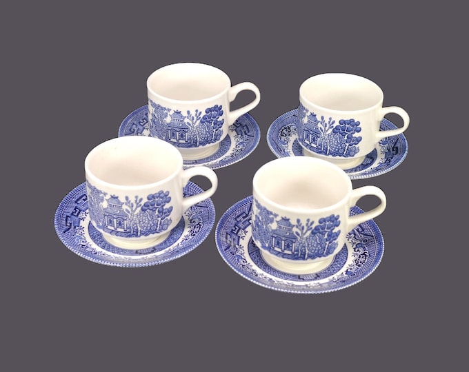 Churchill China Blue Willow cup and saucer sets. Classic blue-and-white Chinoiserie made in England. Choose quantity below.