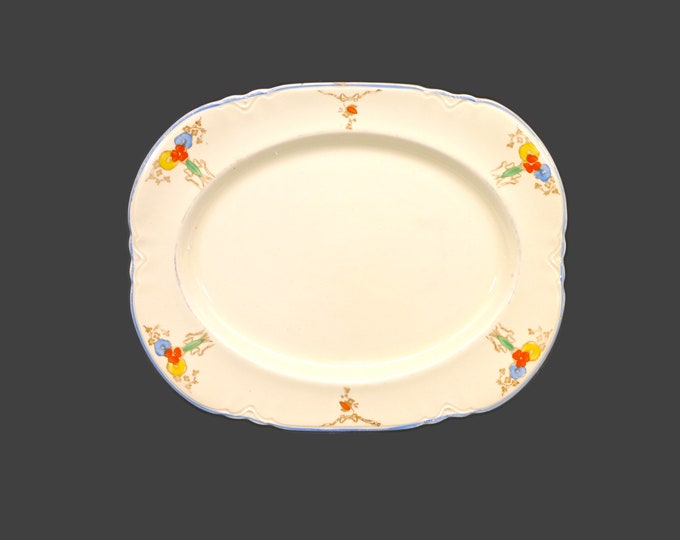 Art-deco era Wood & Sons sandwich platter. Red, blue and yellow bell flowers, blue trim. Woods Ivory Ware made in England.