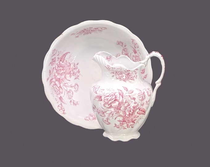 Late Victorian-era W. Baker & Co. Camelia wash basin and pitcher | lavatory set. Pink transferware made in England. Flaws.