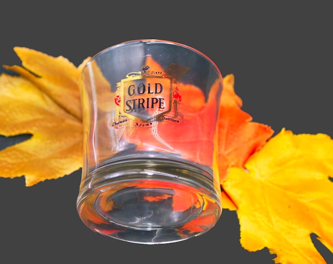 Canadian Gold Stripe whisky glass.  Etched-glass logo and text. Thomas Adams Distillery.