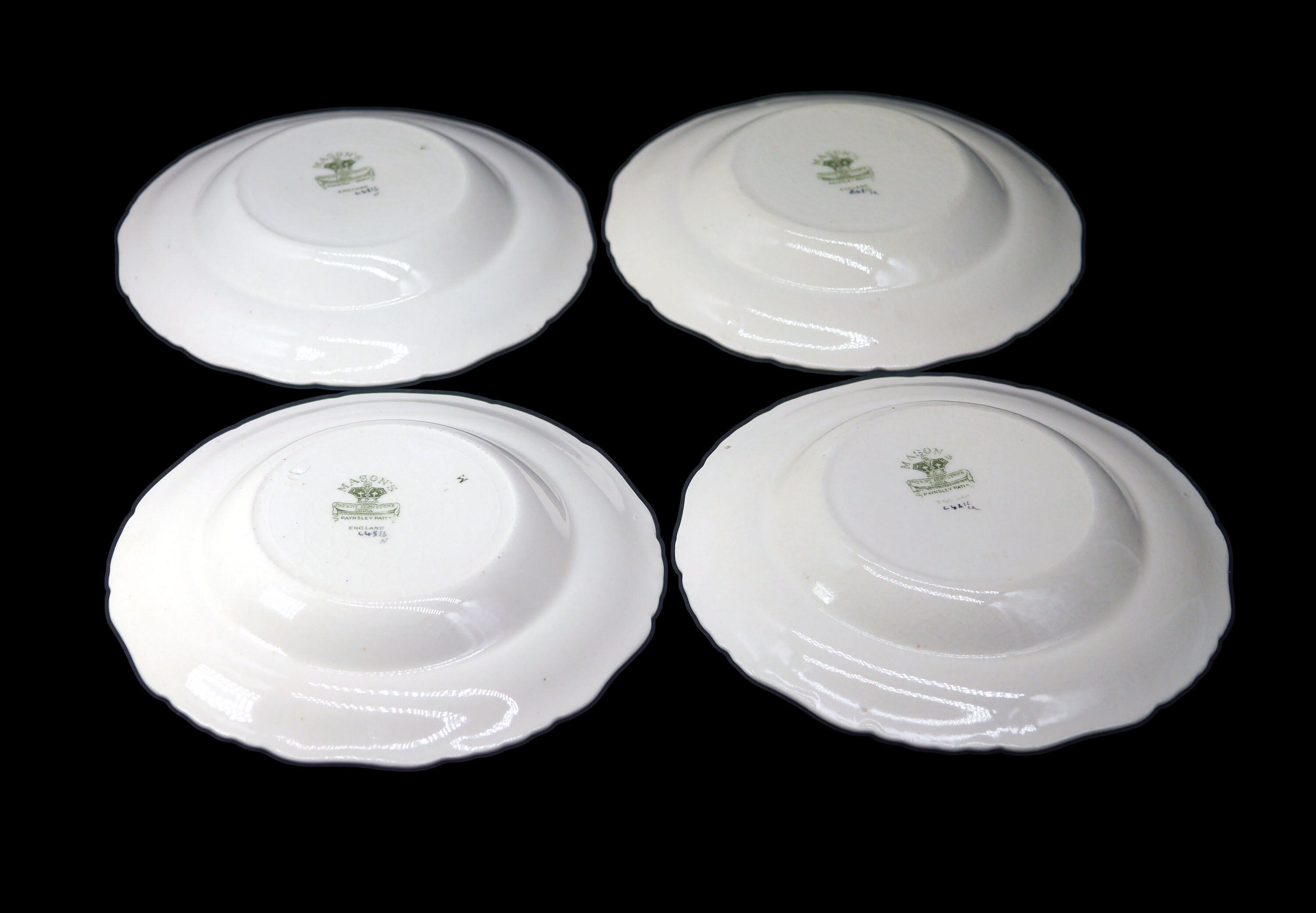 Four antique Victorian era Masons Paynsley Green C4816 rimmed soup