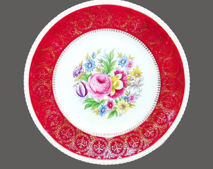Fondeville Athlone maroon florals and filigree dinner plate. Ambassador Ware ironstone made in England.