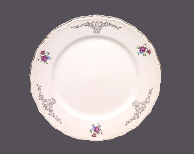 Pagnossin Treviso Terraglia Forte luncheon plate made in Italy. Red roses, gold scrolls, embossed details. Flaw (see below).