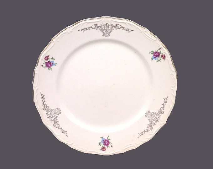 Pagnossin Treviso Terraglia Forte luncheon plate made in Italy. Red roses, gold scrolls, embossed details. Flaw (see below).