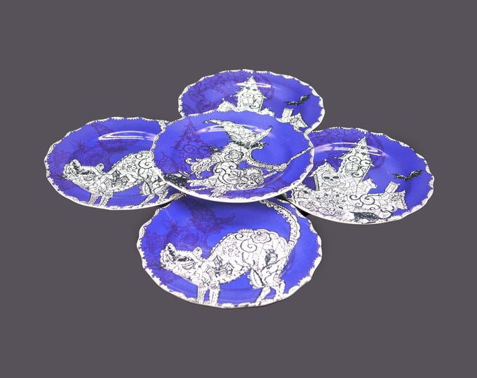 Five 222 Fifth Wiccan Lace Blue appetizer or side plates. Blue-and-white spooky Halloween multi-motif tableware.